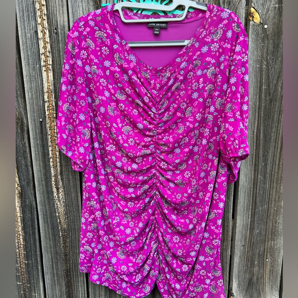 Lane Bryant Pink Ruched Floral Blouse